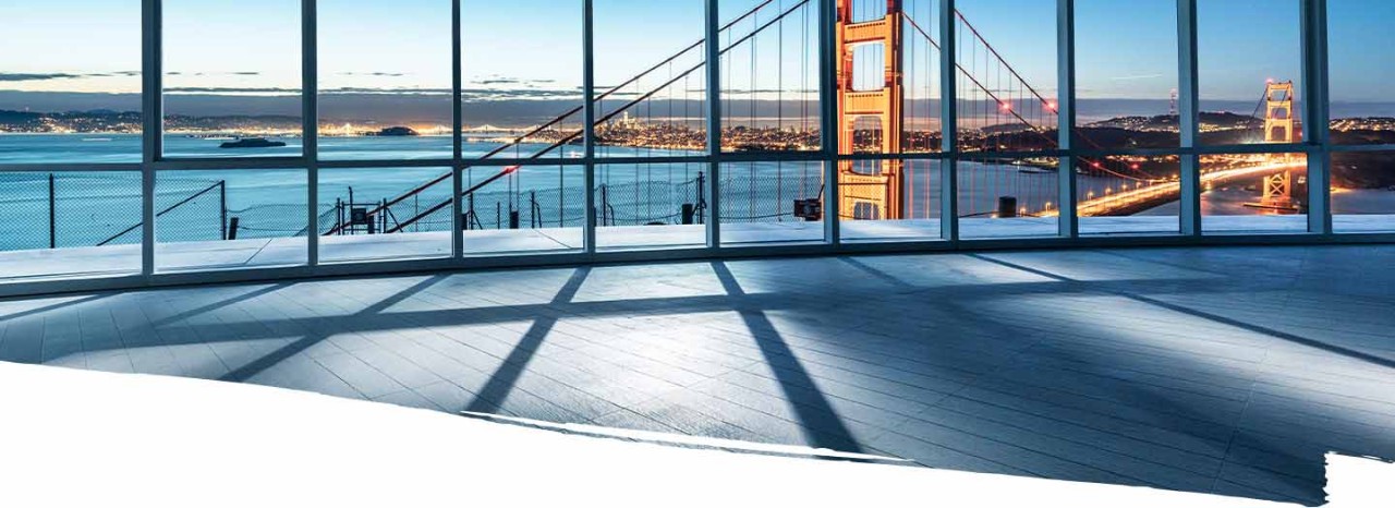 Beautiful view of empty office overlooking San Francisco city gold gate bridge