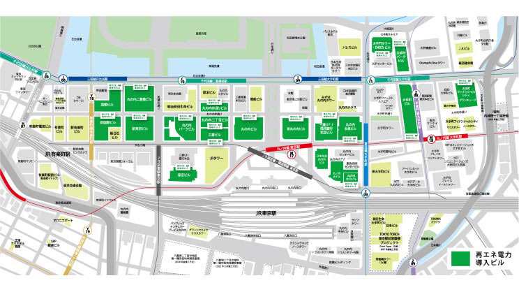 三菱地所の再エネ導入ビルを示す丸の内エリアの地図