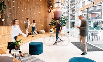 Commuters arriving to office lobby