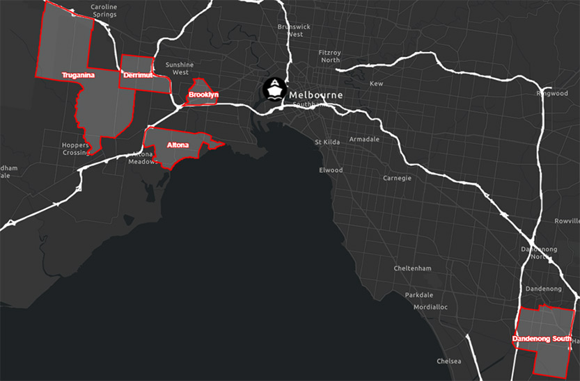 Top 5 importing suburbs, major roads and the Port of Melbourne