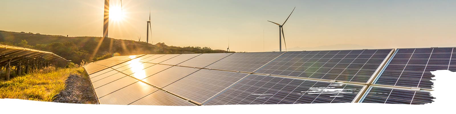 View of solar panel and wind turbines during sunrise