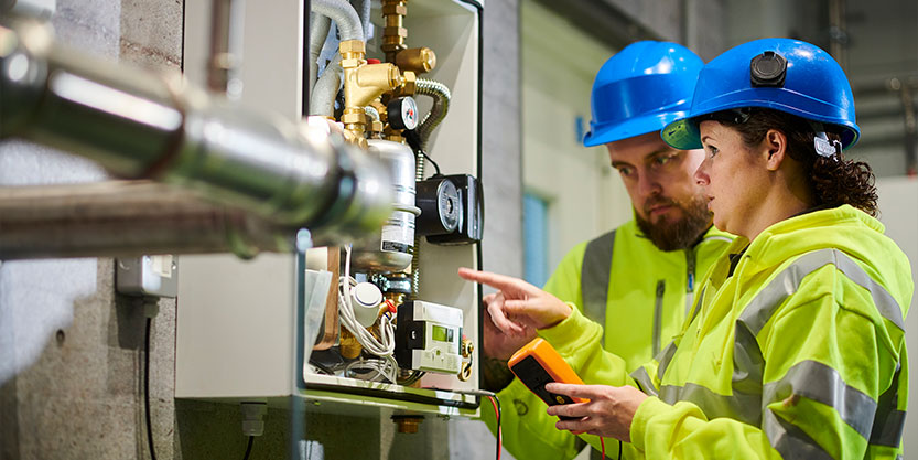 Female facility management leader points to equipment, training a male FM professional in an industrial environment