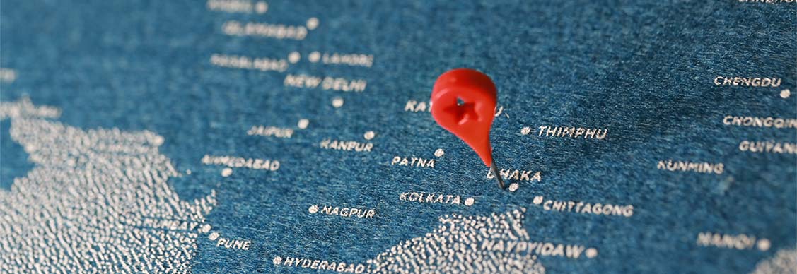 location pin on the blue painted map, Bangladesh